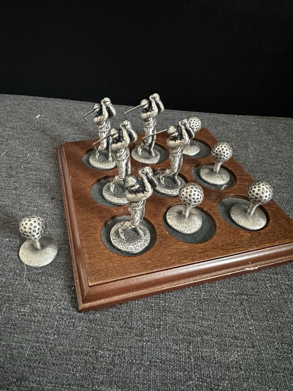 Vintage Golf Tic Tac Toe Pewter Style Set 10 Pieces Wood Board WINN